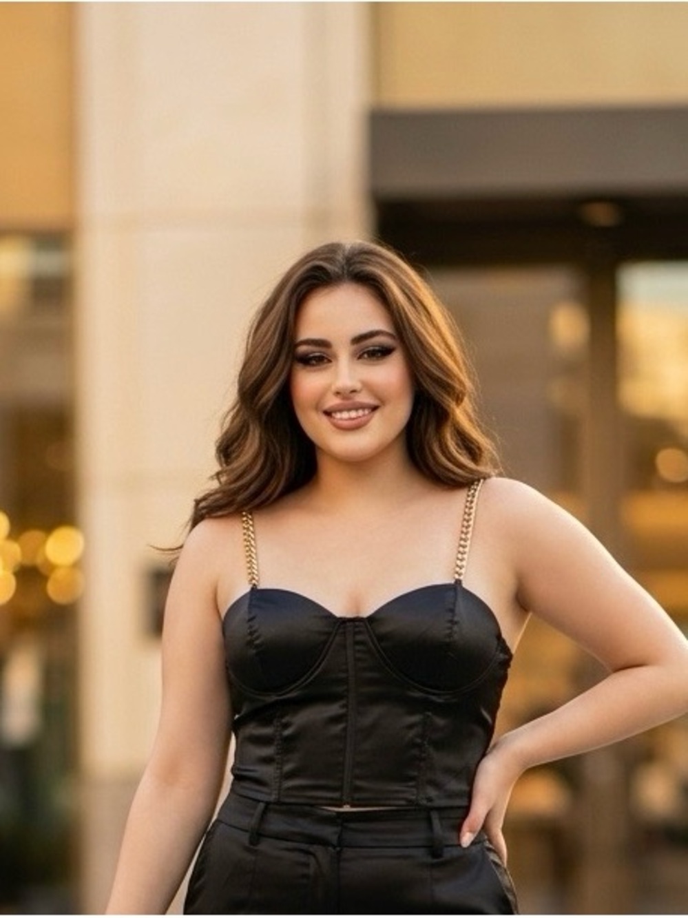 Love By Design Black Satin Bustier with Gold Chain Straps